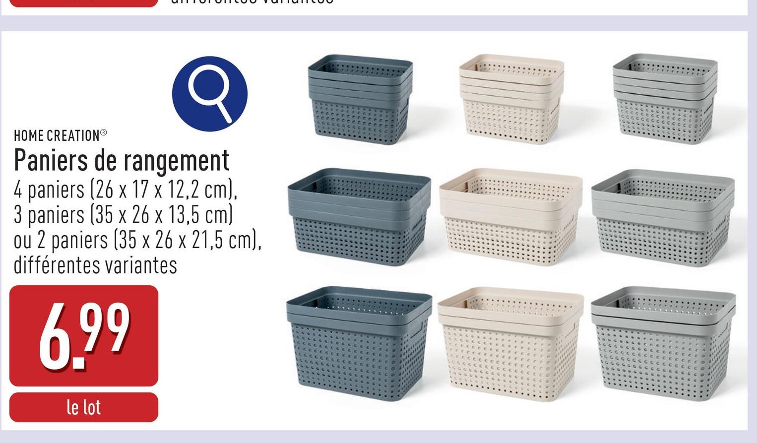 Paniers de rangement polypropylène, choix entre 4 paniers (26 x 17 x 12,2 cm), 3 paniers (35 x 26 x 13,5 cm) et 2 paniers (35 x 26 x 21,5 cm), choix entre différentes variantes