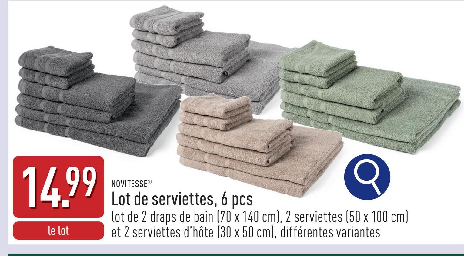 Lot de serviettes, 6 pcs coton, lot de 2 draps de bain (env. 70 x 140 cm), 2 serviettes (env. 50 x 100 cm) et 2 serviettes d’hôte (env. 30 x 50 cm), choix entre différentes variantes, certifiés OEKO-TEX®