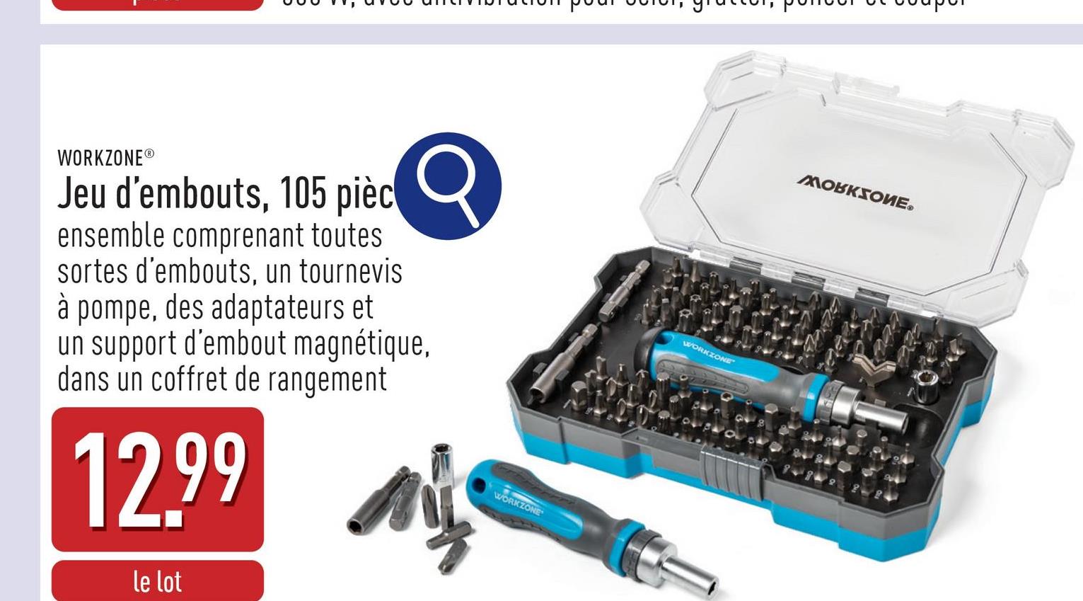 Jeu d'embouts, 105 pièces ensemble comprenant toutes sortes d’embouts, un tournevis à pompe, des adaptateurs et un support d’embout magnétique, dans un coffret de rangement 99 embouts, 1x adaptateur 25 mm, 1x adaptateur 25 mm, 1x support d’embout magnétique 50 mm, 1x embout pour crochets 60 mm, 1x tournevis à pompe, 1x raccord, 6,35 mm (1/4&quot;), 6,35 mm (1/4&quot;)