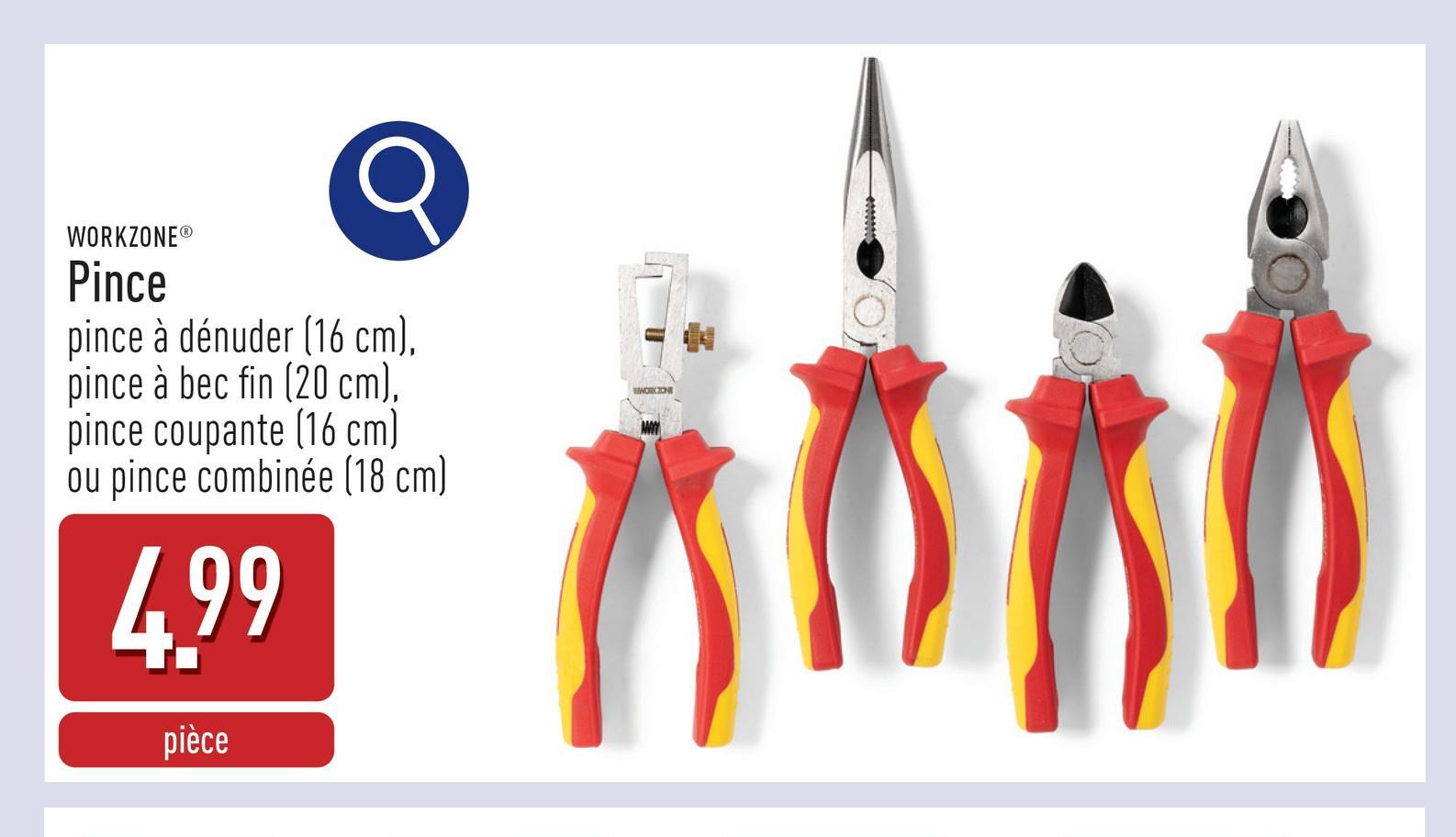 Pince choix entre pince à dénuder (16 cm), pince à bec fin (20 cm), pince coupante (16 cm) et pince combinée (18 cm), avec poignées isolées conformément à la norme IEC 60900 (pour travailler en toute sécurité sur des pièces sous tension jusqu'à 1000 V)