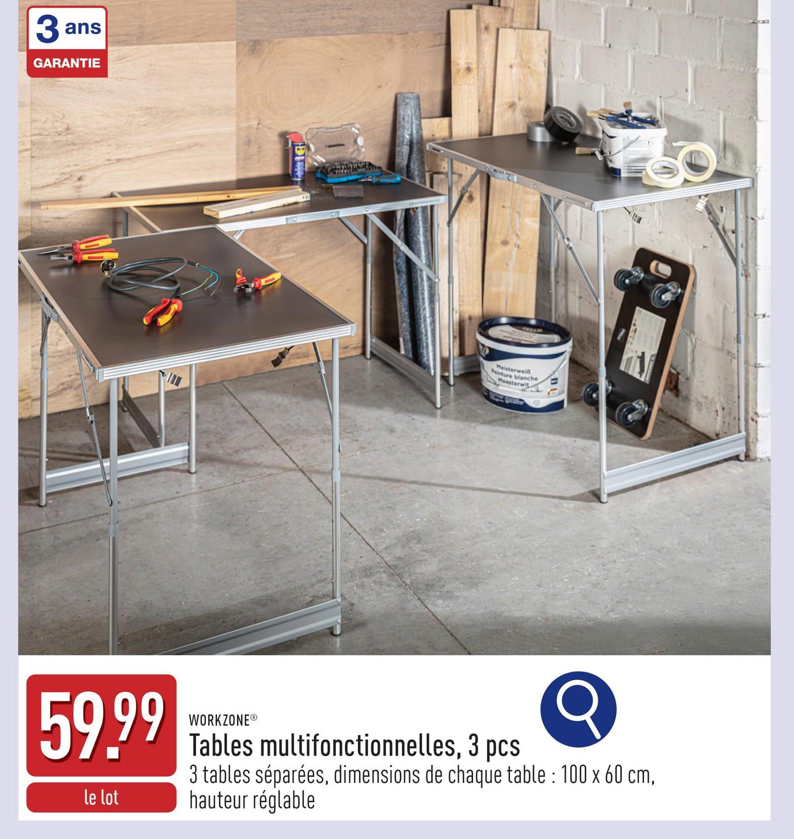 Tables multifonctionnelles, 3 pcs lot composé de 3 tables séparées, dimensions de chaque table : 100 x 60 cm, charge admise par table : max. 30 kg, hauteur réglable (73 cm, 80 cm, 87 cm, 94 cm), avec poignée de transport