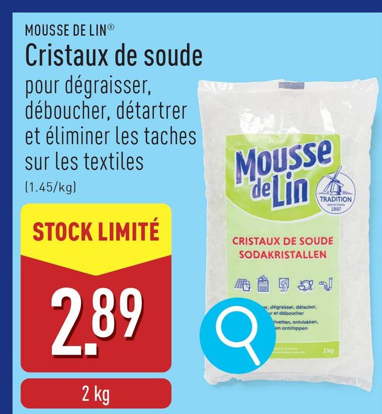 Cristaux de soude pour dégraisser, déboucher, détartrer et éliminer les taches sur les textiles