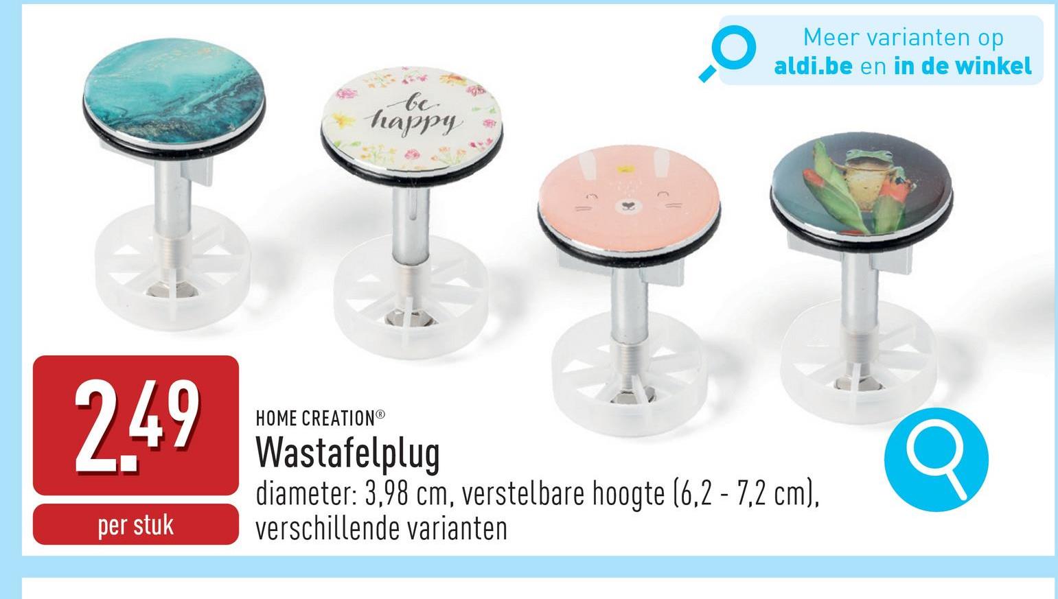 Wastafelplug kunststof haarzeefje, diameter: 3,98 cm, verstelbare hoogte (6,2 - 7,2 cm), keuze uit verschillende varianten