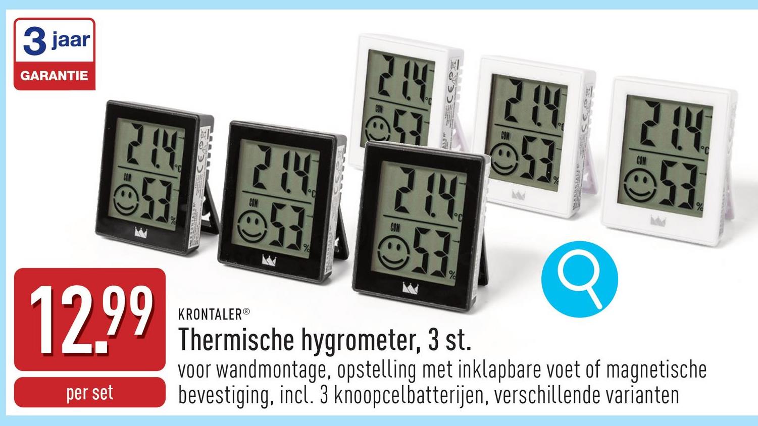 Thermische hygrometer, 3 st. voor wandmontage, opstelling met inklapbare voet of magnetische bevestiging, incl. 3 knoopcelbatterijen, keuze uit verschillende varianten