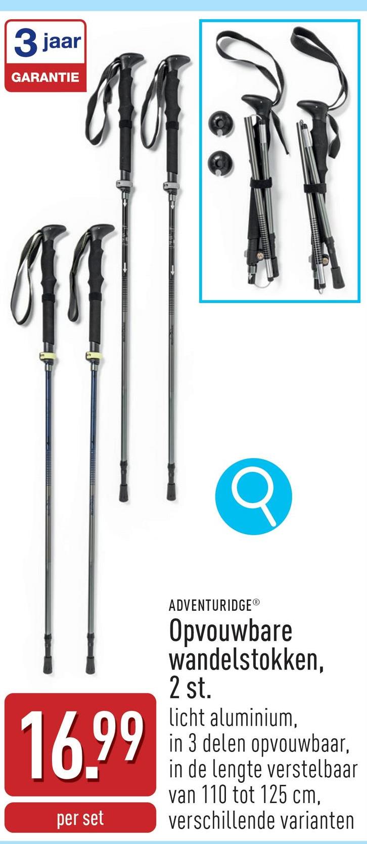 Opvouwbare wandelstokken, 2 st. lichte aluminium wandelstok, in 3 delen opvouwbaar en eenvoudig mee te nemen, in de lengte verstelbaar van 110 tot 125 cm, ergonomische handgreep, hardmetalen punten, incl. opbergzak, keuze uit verschillende varianten