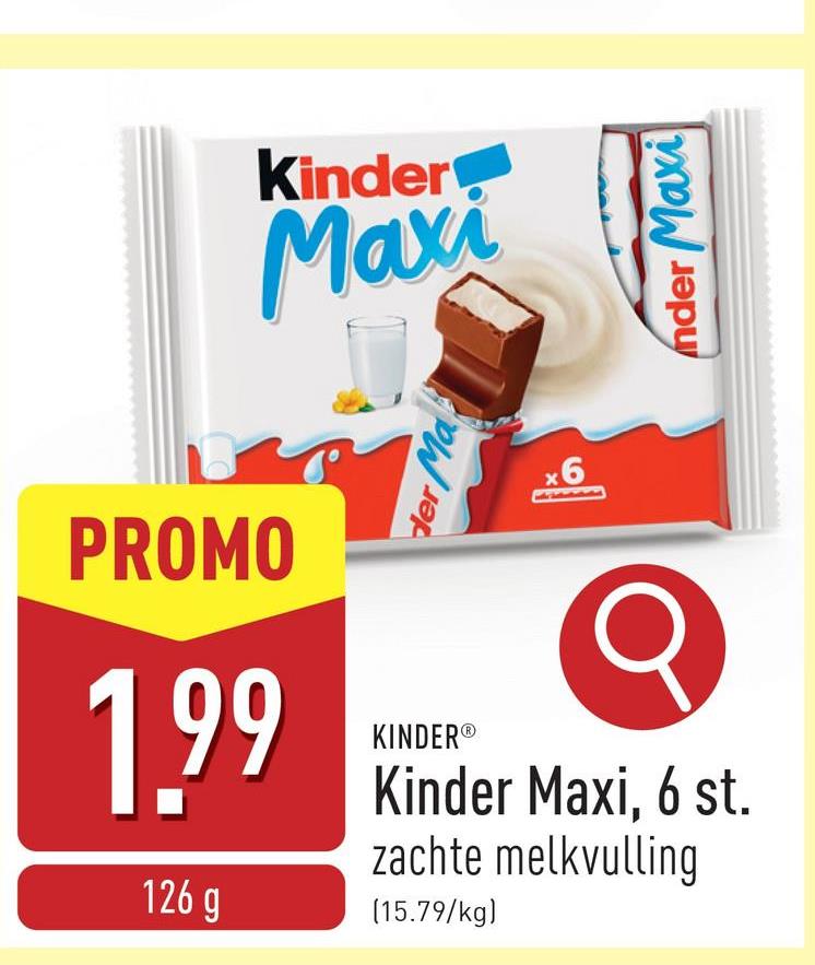 Kinder Maxi, 6 st. zachte melkvulling, bevat geen kunstmatige kleurstoffen