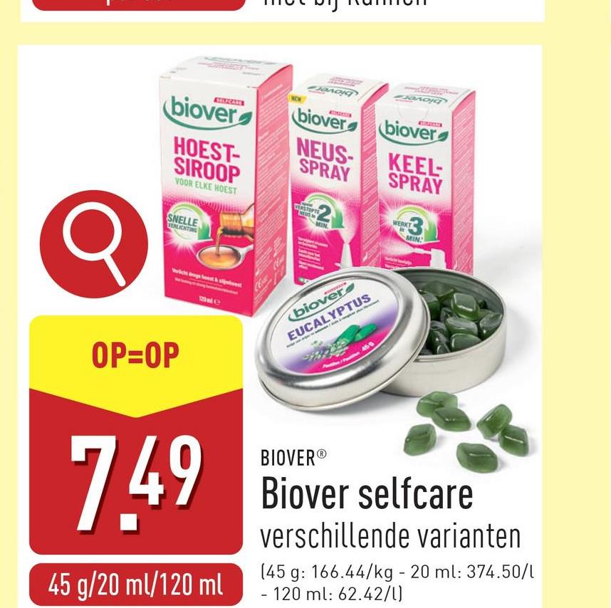 Biover selfcare keuze uit eucalyptuspastilles (45 g), hoestsiroop (120 ml), keelspray (20 ml) en neusspray (20 ml)