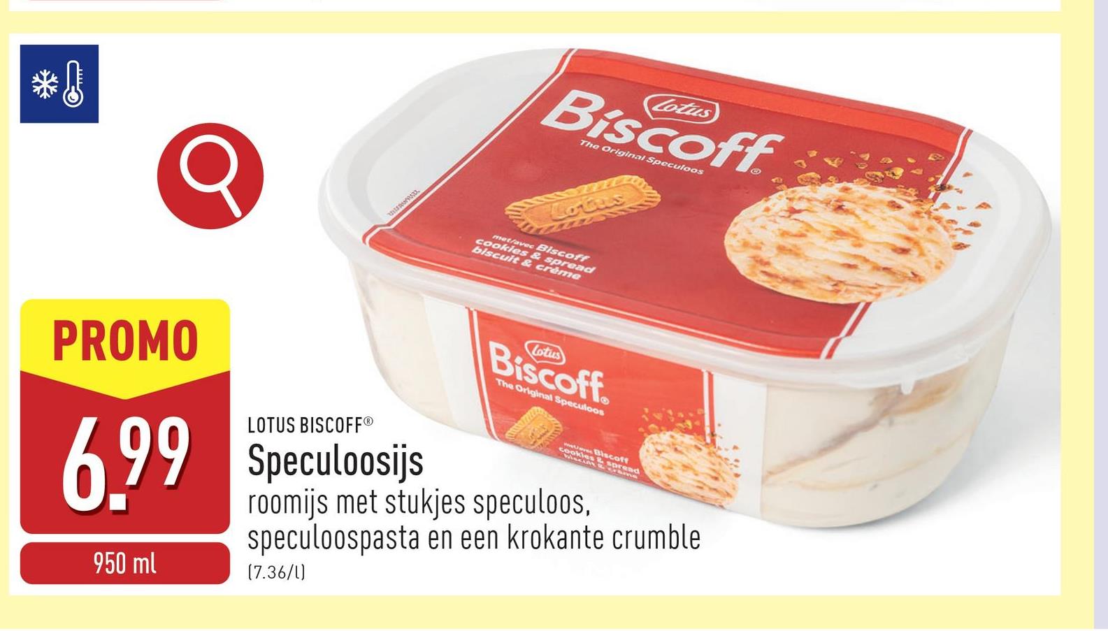 Speculoosijs roomijs met stukjes speculoos, bedekt met speculoospasta en een krokante crumble