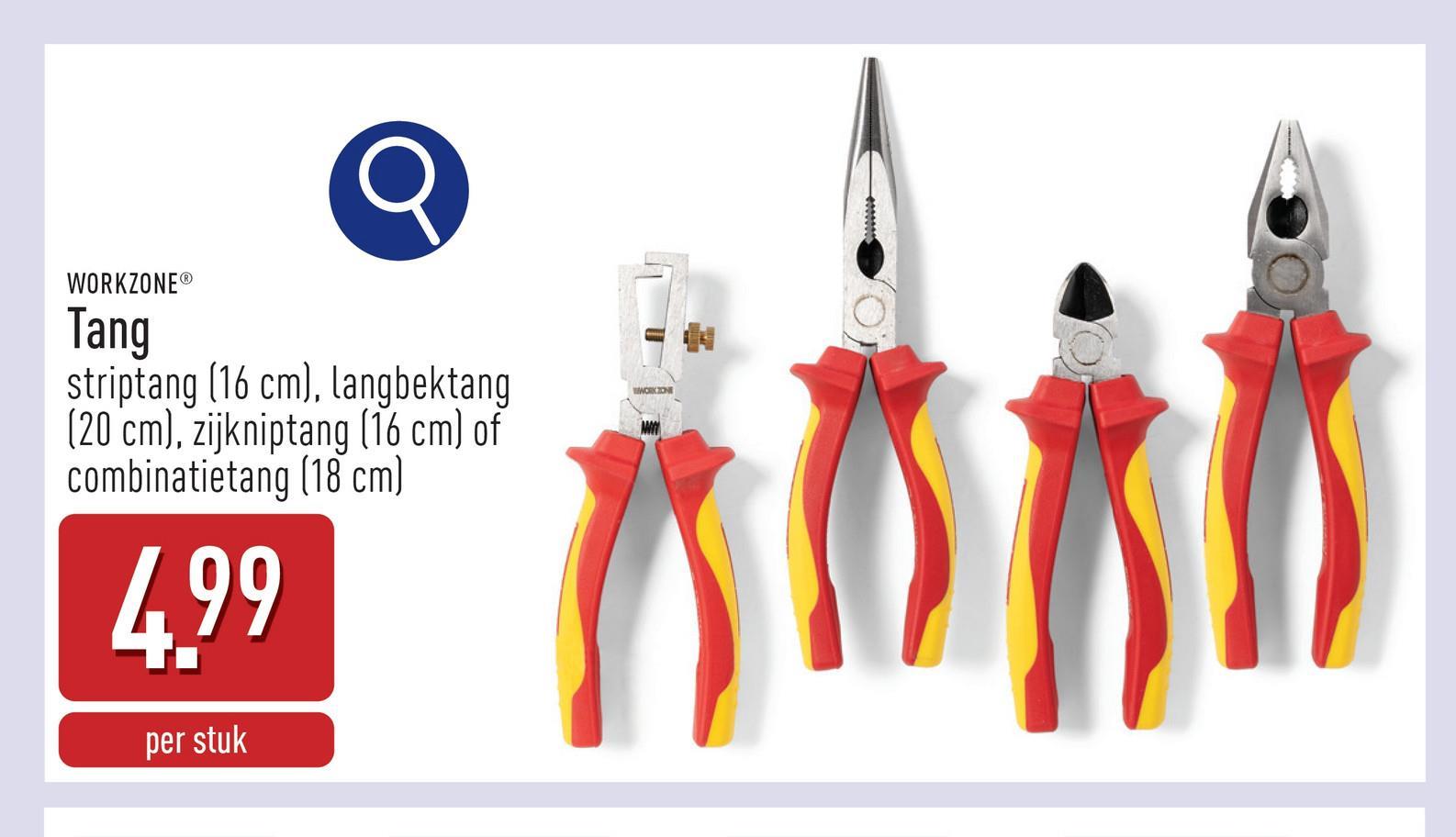 Tang keuze uit striptang (16 cm), langbektang (20 cm), zijkniptang (16 cm) en combinatietang (18 cm), met geïsoleerde handgrepen conform IEC 60900 (om veilig aan spanningvoerende onderdelen tot 1000 V te werken)