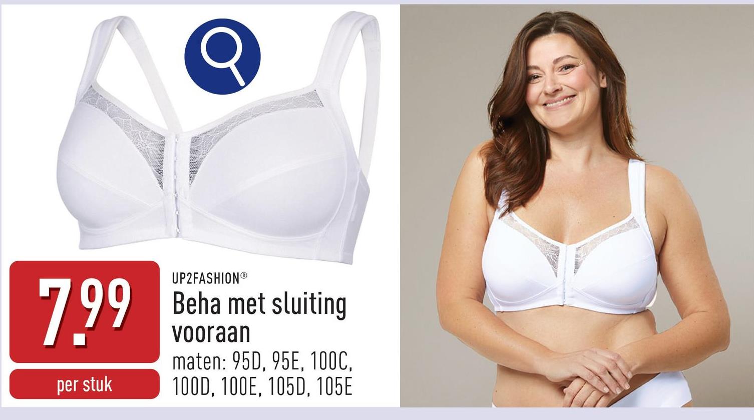 Beha met sluiting vooraan katoen/elastaan (Lycra®), gevoerde cups: katoen, comfort door sluiting vooraan, wit, maten: 95D, 95E, 100C, 100D, 100E, 105D, 105E, OEKO-TEX®-gecertificeerd