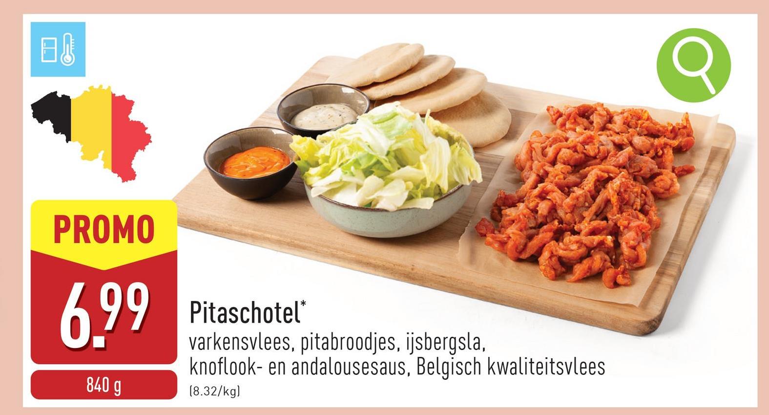 Pitaschotel schotel met varkensvlees, pitabroodjes, ijsbergsla, knoflook- en andalousesaus, Belgisch kwaliteitsvlees