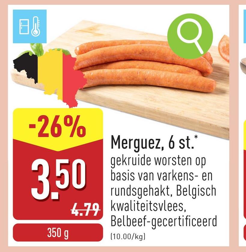 Merguez, 6 st. gekruide worsten op basis van varkens- en rundsgehakt, Belgisch kwaliteitsvlees, Belbeef-gecertificeerdDit is een regionaal artikel en is niet in elke ALDI-winkel beschikbaar.