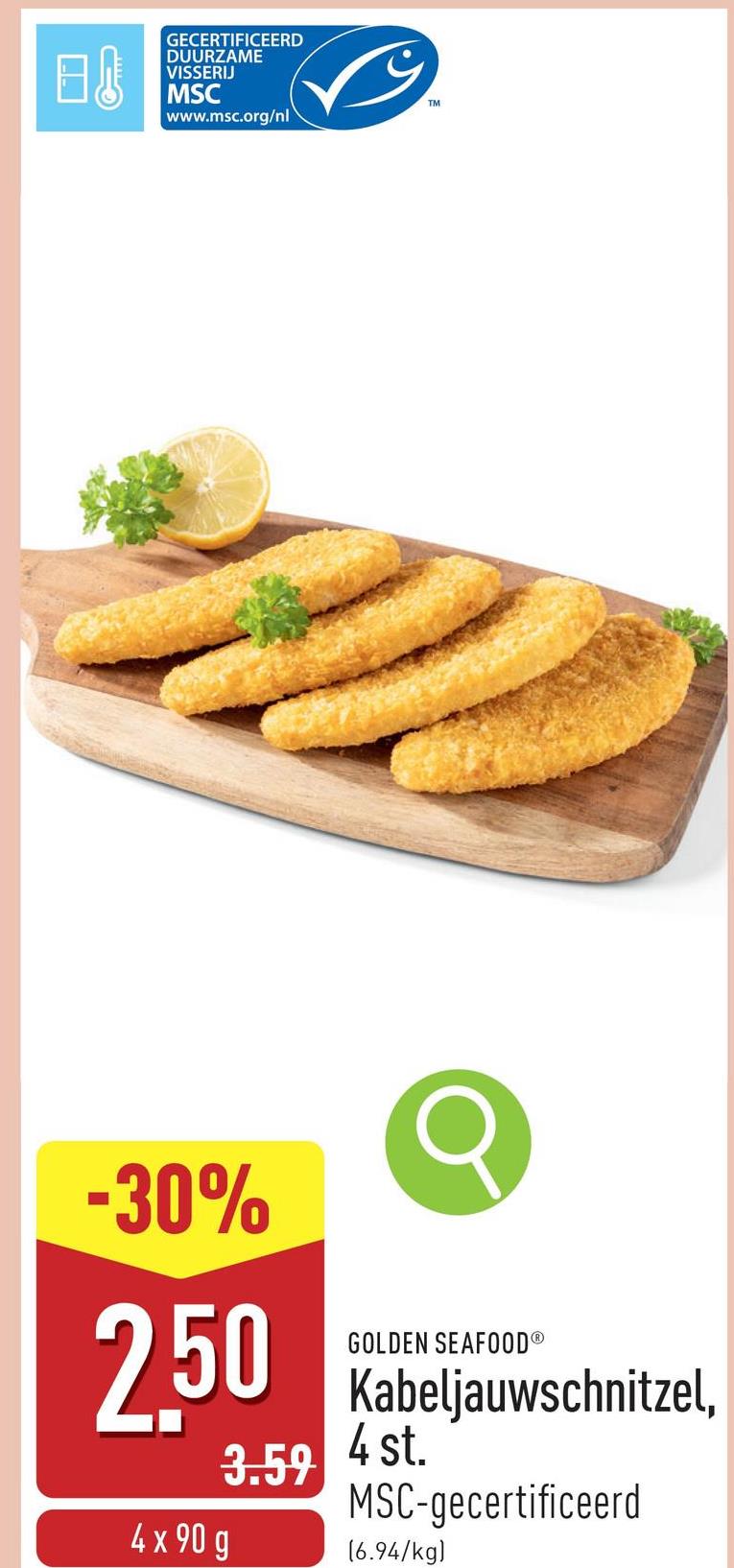 Kabeljauwschnitzel, 4 st. duurzaam gevangen kabeljauw in een krokant jasje, MSC-gecertificeerd