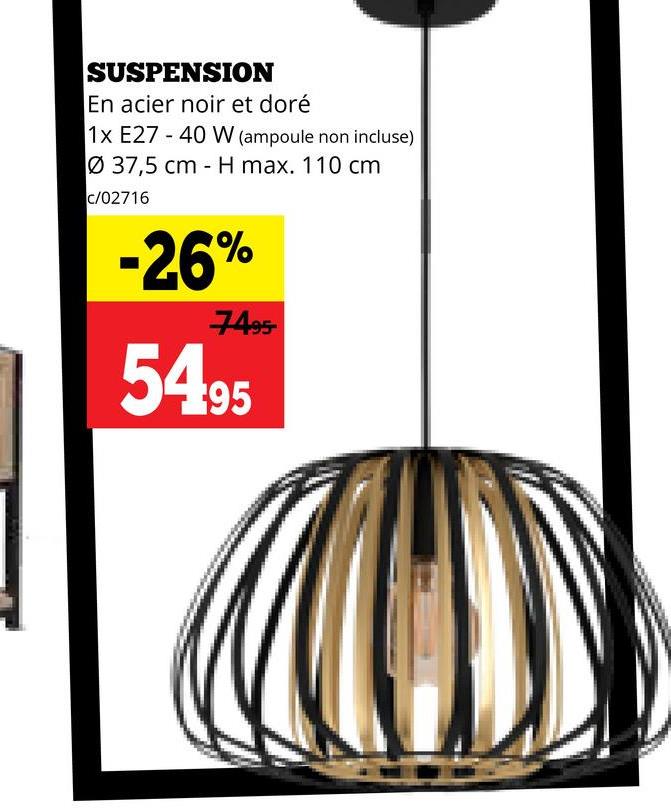 SUSPENSION
En acier noir et doré
1x E27-40 W (ampoule non incluse)
Ø 37,5 cm H max. 110 cm
c/02716
-26%
7495
5495