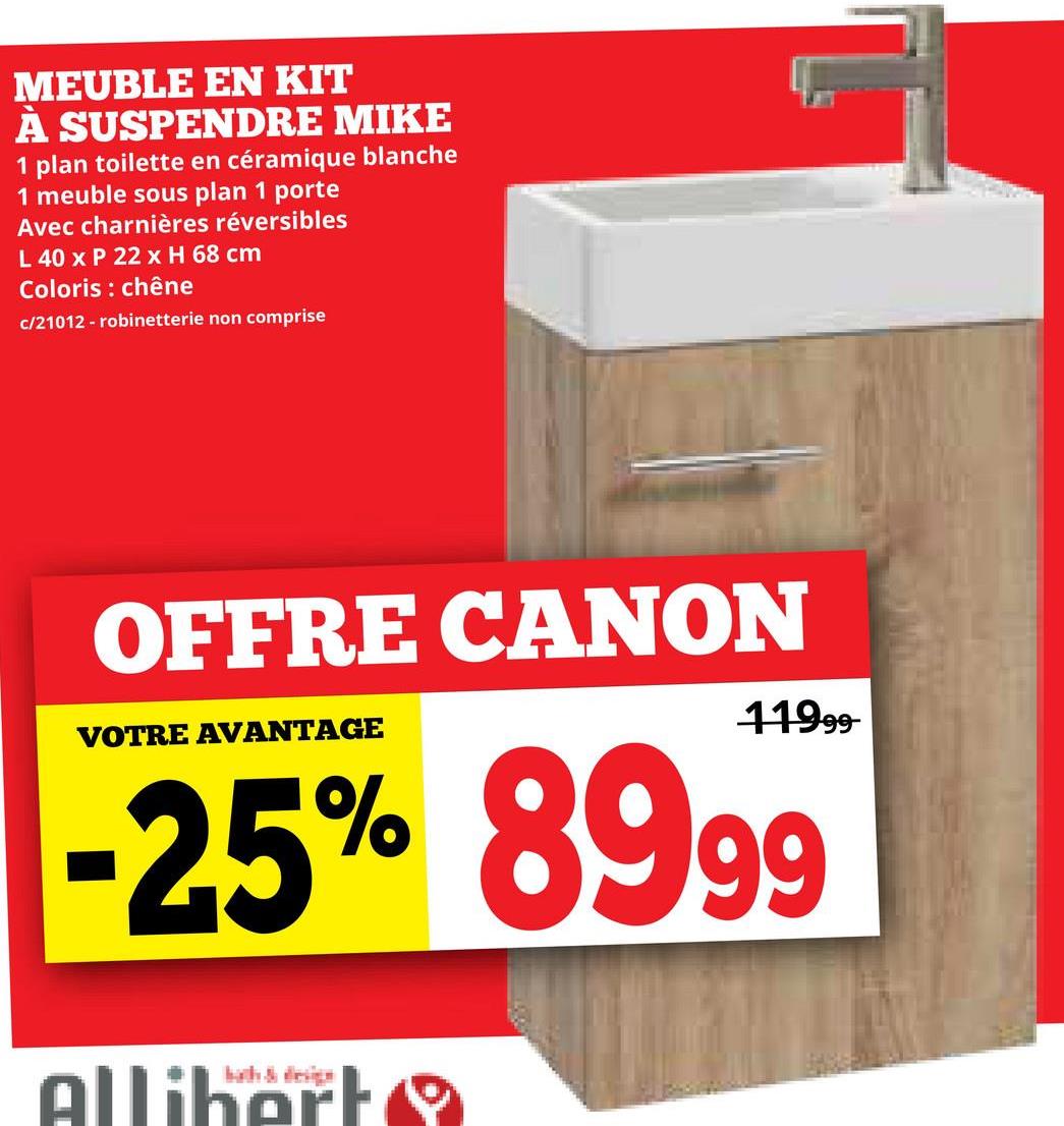 MEUBLE EN KIT
À SUSPENDRE MIKE
1 plan toilette en céramique blanche
1 meuble sous plan 1 porte
Avec charnières réversibles
L 40 x P 22 x H 68 cm
Coloris : chêne
c/21012 - robinetterie non comprise
OFFRE CANON
VOTRE AVANTAGE
11999-
-25% 8999
Allibert