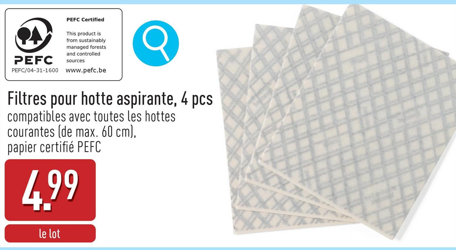 Filtres pour hotte aspirante, 4 pcs 47 x 57 cm, à découper sur mesure, compatibles avec toutes les hottes courantes (de max. 60 cm), papier certifié PEFC