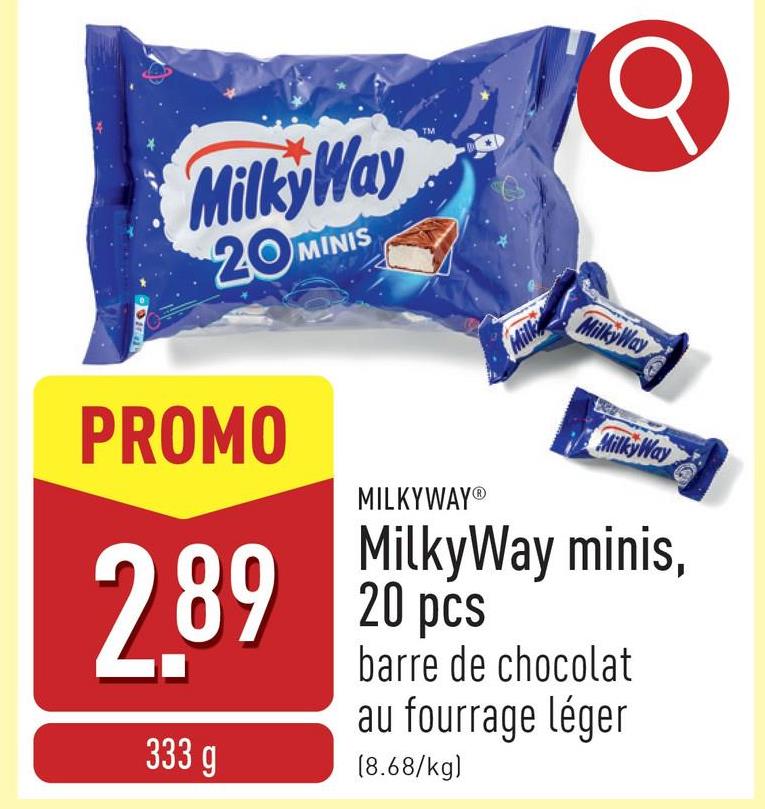 MilkyWay minis, 20 pcs barre de chocolat au fourrage léger, emballés individuellement