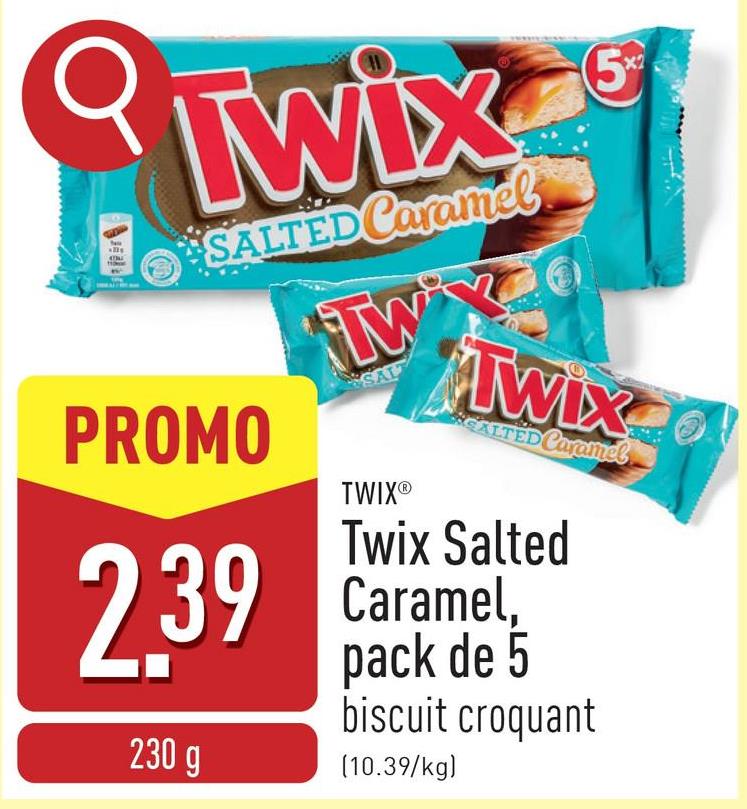 Twix Salted Caramel, pack de 5 avec un biscuit croustillant et du caramel au beurre salé, enrobés de chocolat au lait onctueux