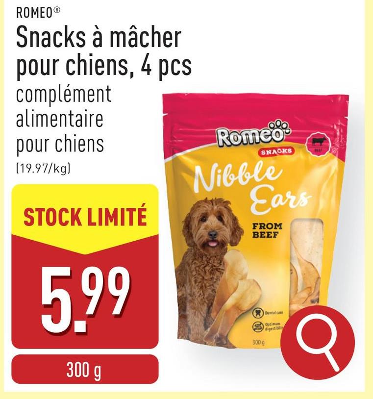 Snacks à mâcher pour chiens, 4 pcs oreilles de bœuf, complément alimentaire pour chiens, produit naturel et digeste, séchés à l'air, renforcent les muscles masticateurs