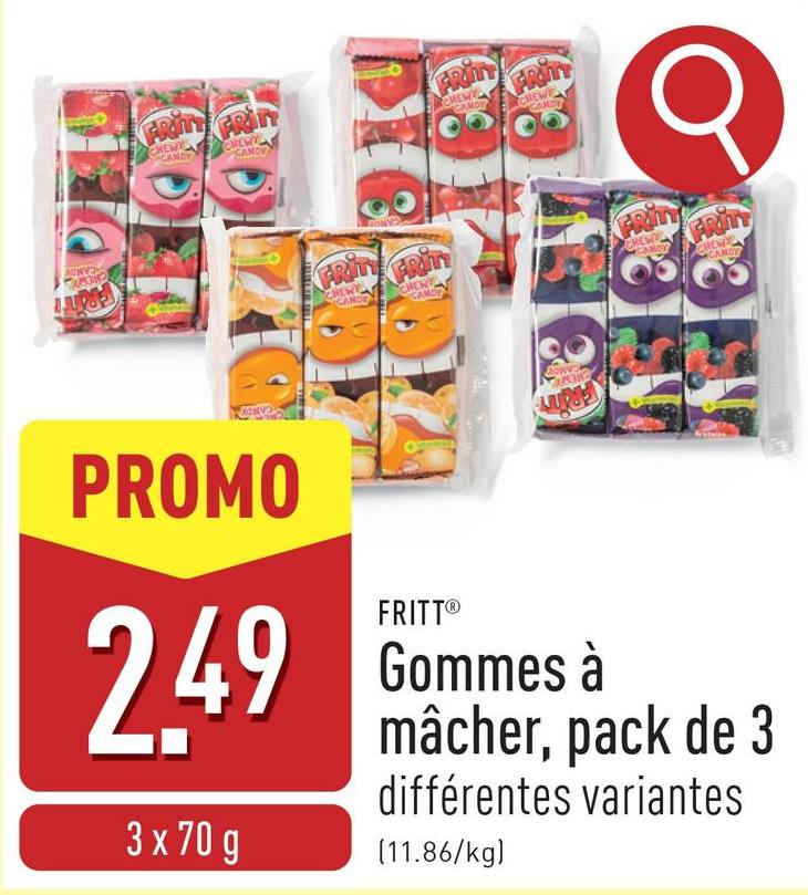 Gommes à mâcher, pack de 3 choix entre cerise, orange, fruits des bois et fraise