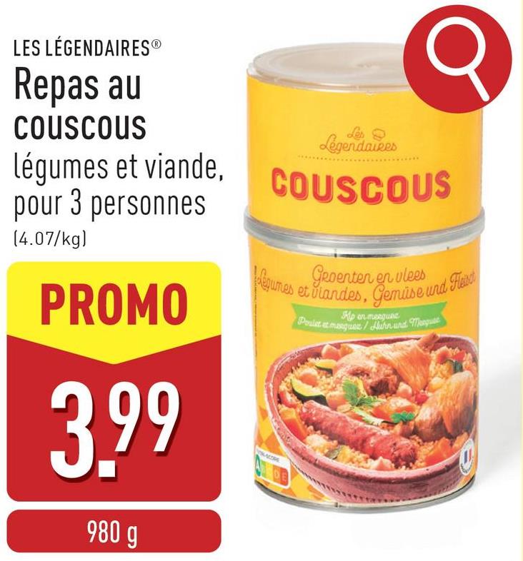 Repas au couscous légumes et viande, pour 3 personnes