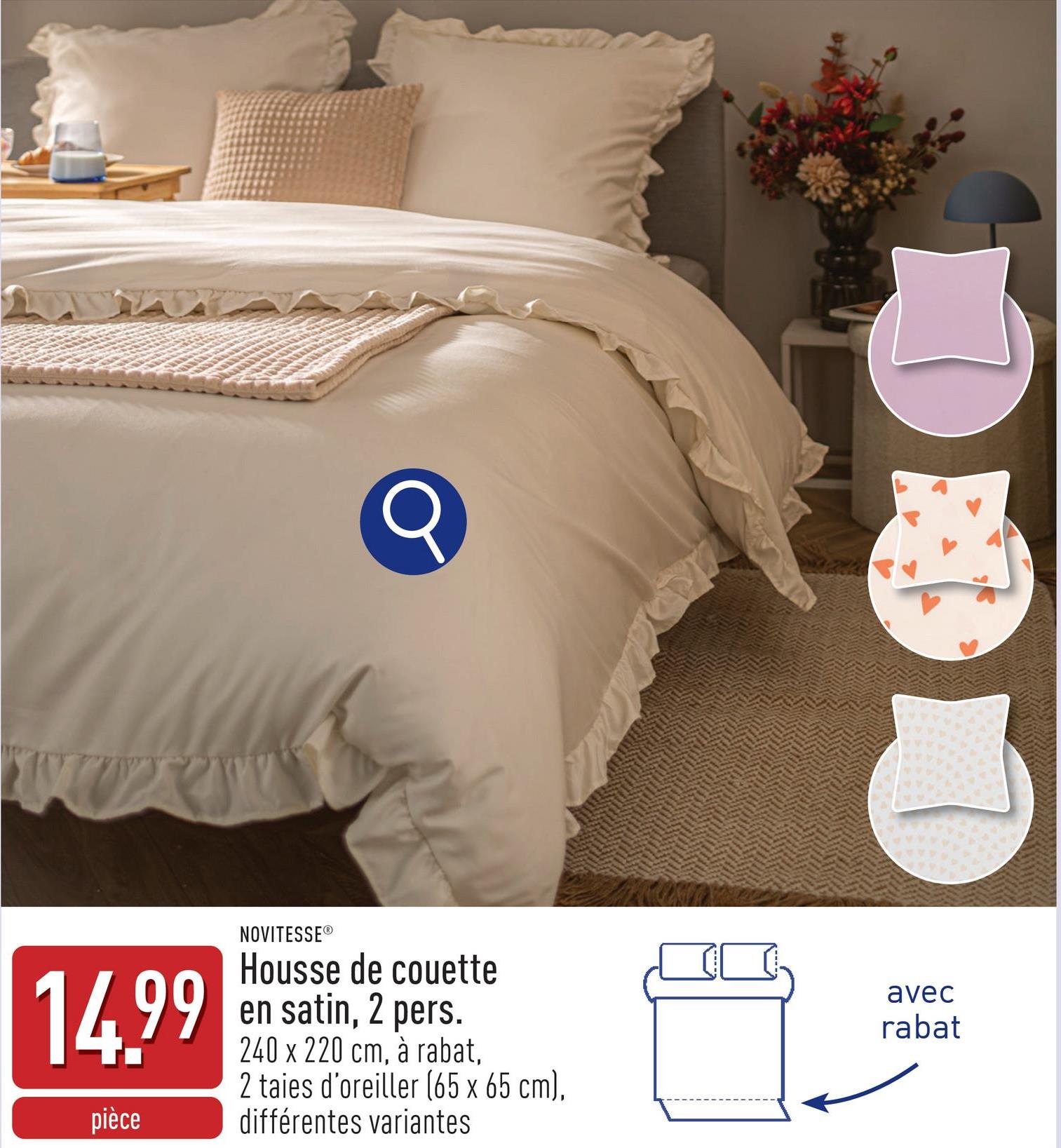 Housse de couette en satin, 2 pers. polyester, 240 x 220 cm, à volants et à rabat, 2 taies d'oreiller de 65 x 65 cm incl., choix entre différentes variantes, certifiée OEKO-TEX®