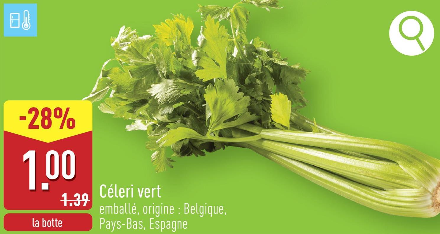 Céleri vert emballé, origine : Belgique, Pays-Bas, Espagne