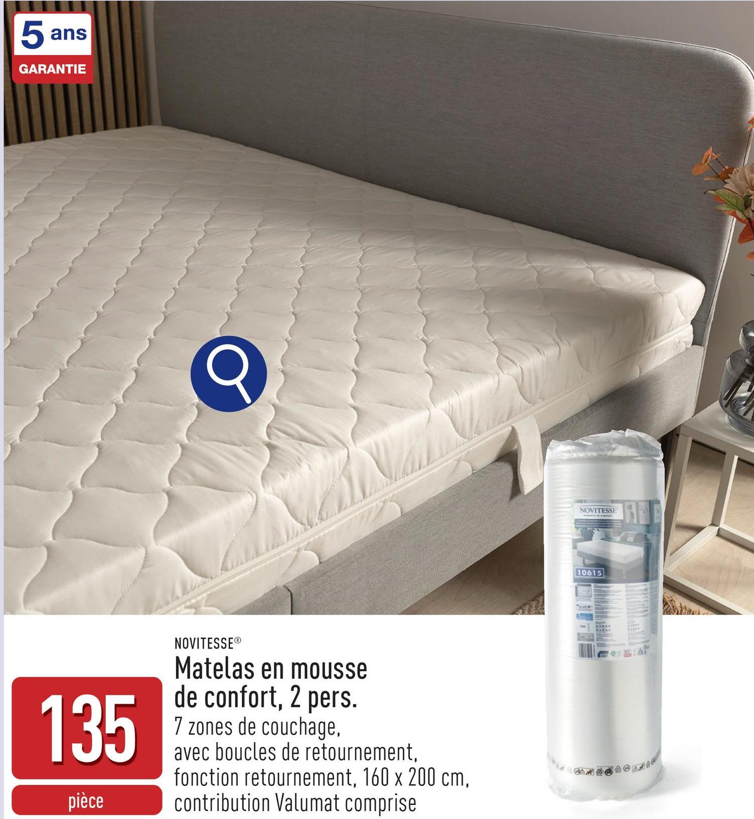 Matelas en mousse de confort, 2 pers. tissu extérieur et rembourrage : polyester, noyau : polyuréthane, 7 zones de couchage, avec boucles de retournement pratiques, 160 x 200 cm, certifié OEKO-TEX®, contribution Valumat comprise