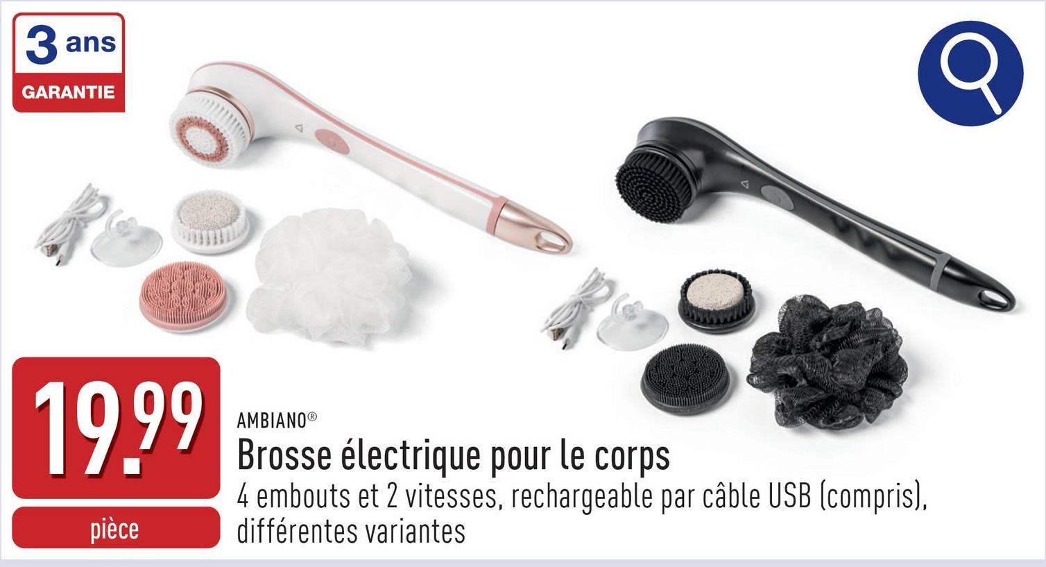 Brosse électrique pour le corps 4 embouts et 2 vitesses, rechargeable par câble USB (compris), choix entre différentes variantes