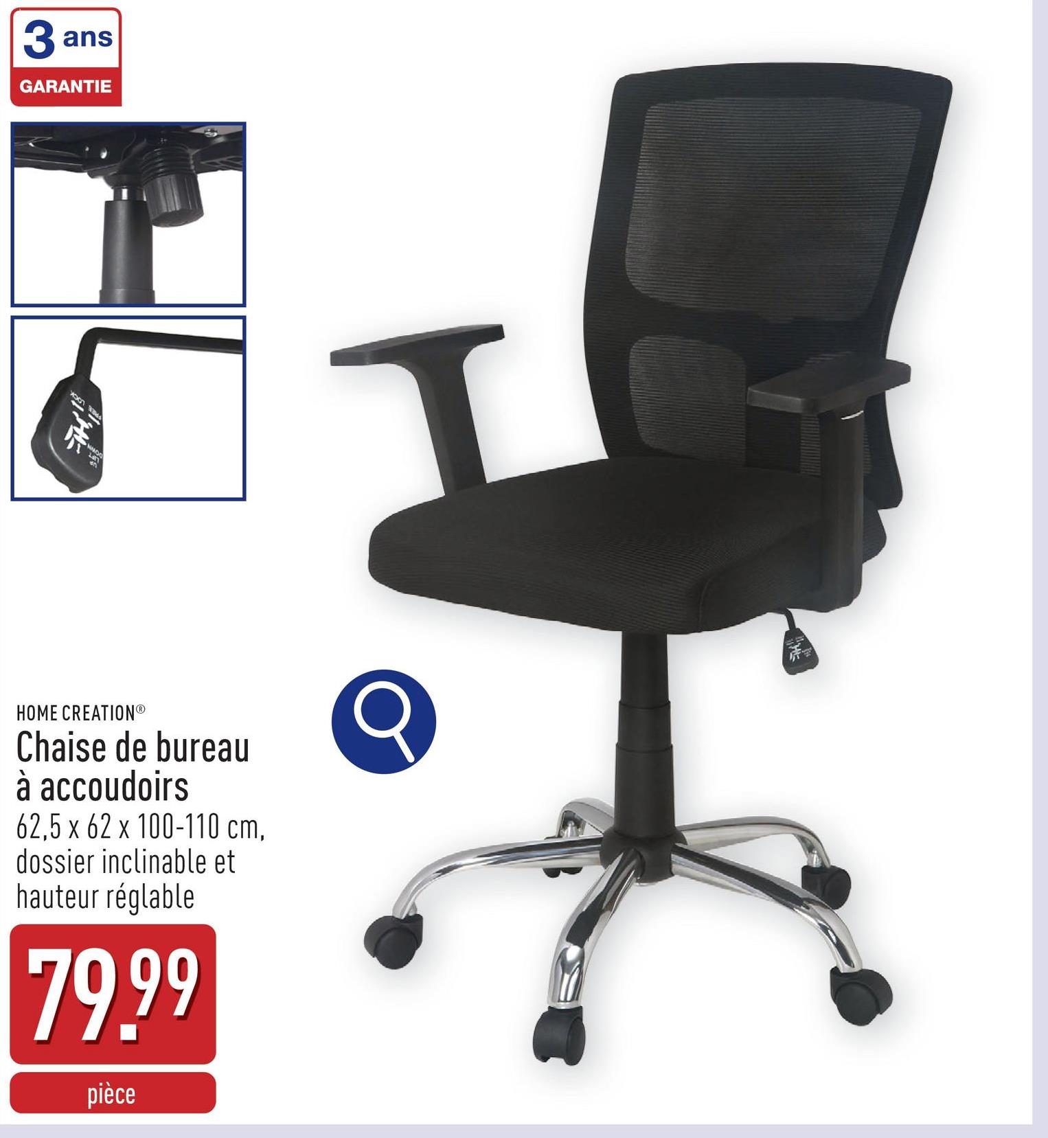 Chaise de bureau à accoudoirs 62,5 x 62 x 100-110 cmdossier inclinable (90 °-125 °)hauteur réglable (47,5-57,5 cm)dossier et coussin d’assise confortablepoids max. : 110 kg