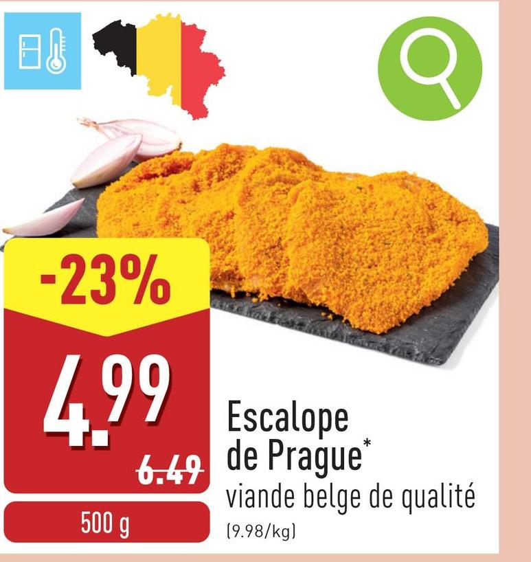 Escalope de Prague escalope de porc tendre et maigre, provenant de l'échine du porc, dans une croûte croustillante de chapelure épicée, viande belge de qualité