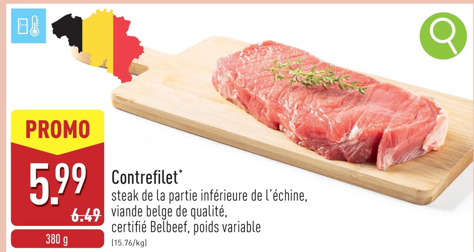 Contrefilet steak de la partie inférieure de l'échine, viande belge de qualité, poids variable, certifié Belbeef