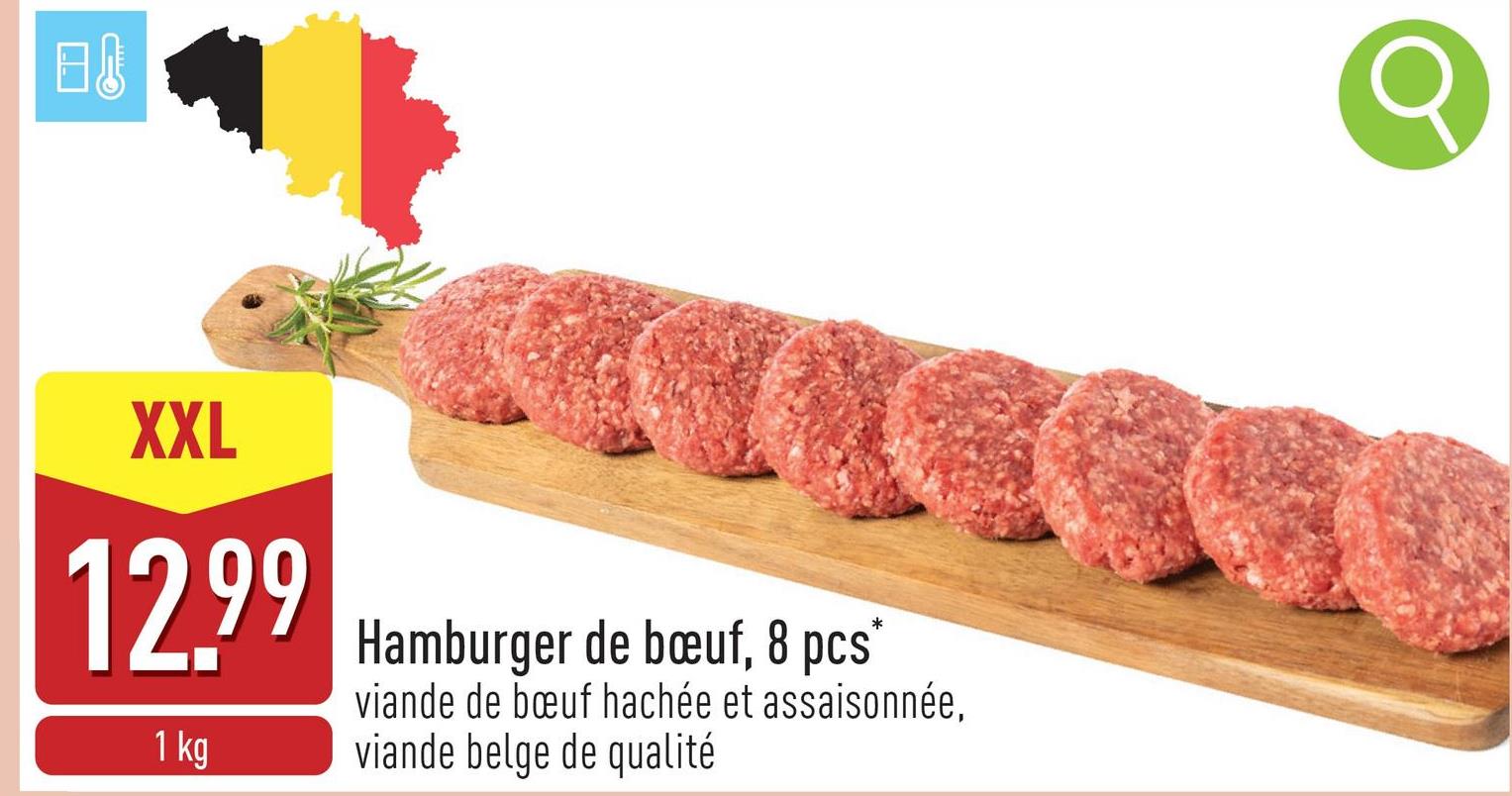 Hamburger de bœuf, 8 pcs viande de bœuf hachée et assaisonnée, viande belge de qualité