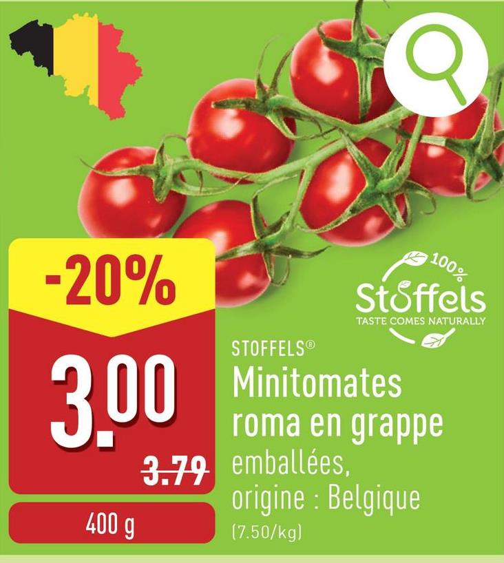 Minitomates roma en grappe emballées, origine : Belgique