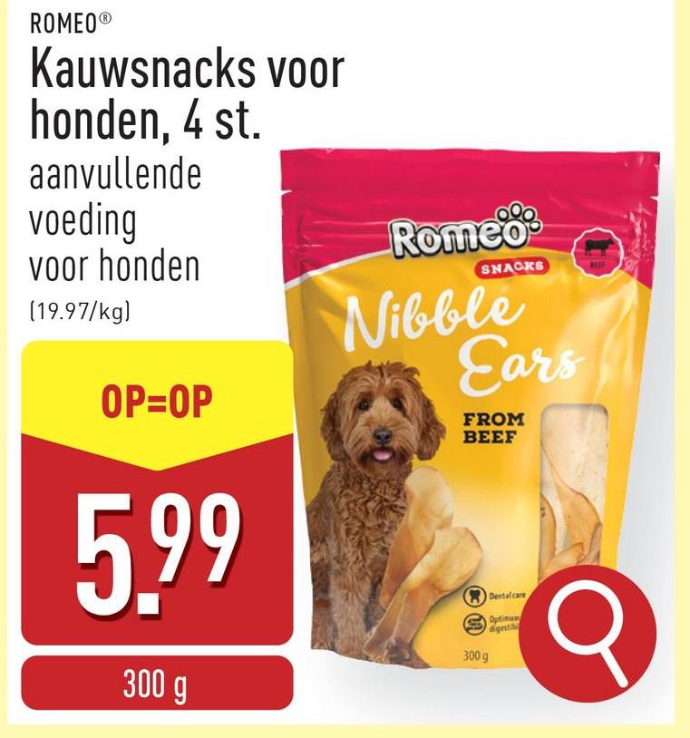 Kauwsnacks voor honden, 4 st. runderoren, aanvullende voeding voor honden, natuurlijk en goed verteerbaar product, luchtgedroogd, versterkt de kauwspieren