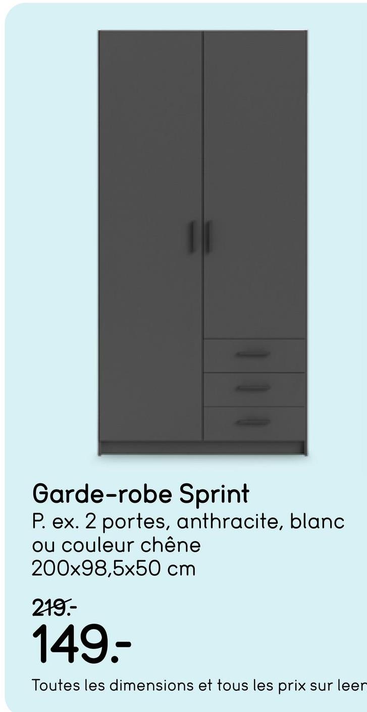 Garde-robe Sprint 2 portes - couleur anthracite - 200x98,5x50 cm