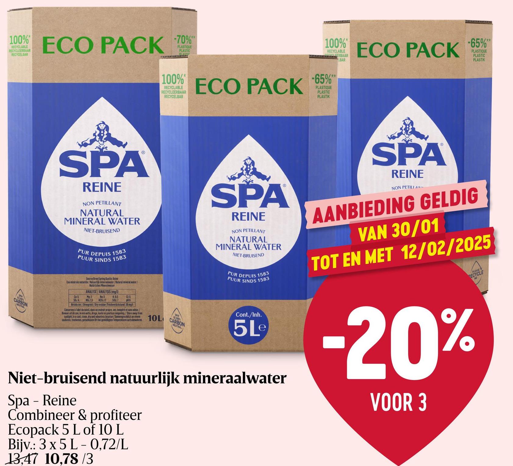 Mineraalwater | Niet bruisend | ECOPACK Dankzij een ondergrondse reis doorheen de gedemineraliseerde rotsen van de Venen in Spa, verkrijgt SPA® REINE haar unieke samenstelling: uiterst mineraalarm, zeer laag zoutgehalte en uiterst zuiver.Geschikt voor de bereiding van babyvoeding.