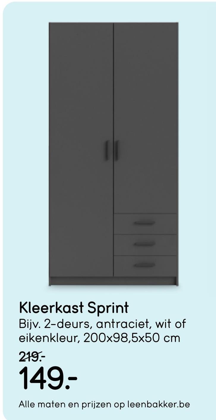 Kleerkast Sprint 2-deurs - antracietkleur - 200x98,5x50 cm