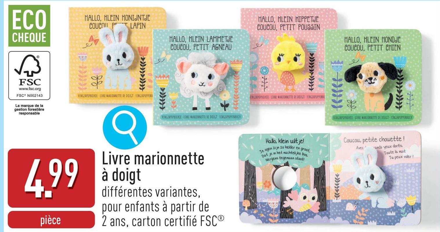 Livre marionnette à doigt choix entre différentes variantes, convient aux enfants à partir de 2 ans, carton certifié FSC®