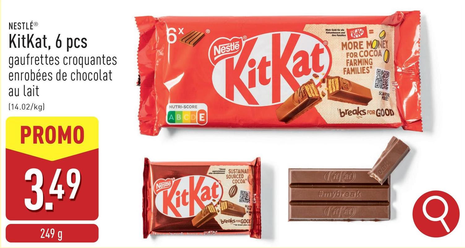 KitKat, 6 pcs gaufrettes croquantes enrobées de chocolat au lait