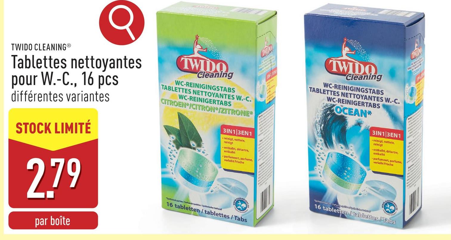 Tablettes nettoyantes pour W.-C., 16 pcs 3 en 1 : nettoie, détartre et parfume, choix entre ocean et lemon