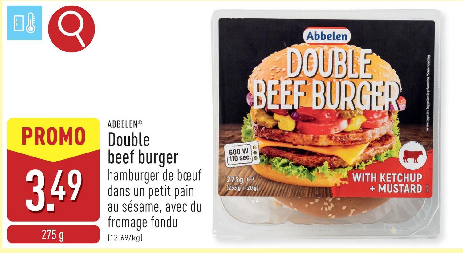 Double beef burger hamburger de bœuf dans un petit pain au sésame avec du fromage fondu, un sachet de ketchup et un sachet de moutarde incl.