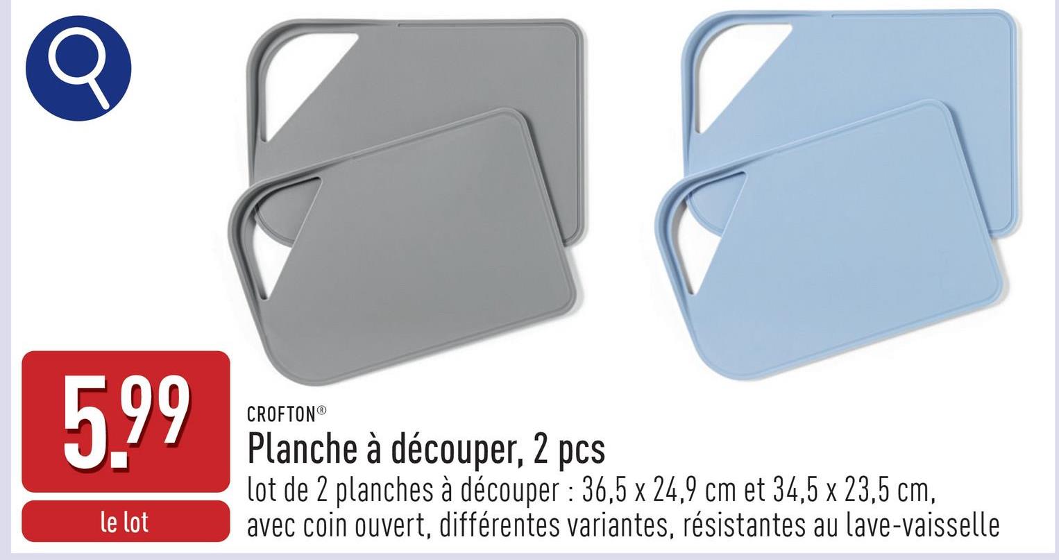 Planche à découper, 2 pcs lot de 2 planches à découper : 36,5 x 24,9 cm et 34,5 x 23,5 cm, avec coin ouvert, choix entre différentes variantes, résistante au lave-vaisselle