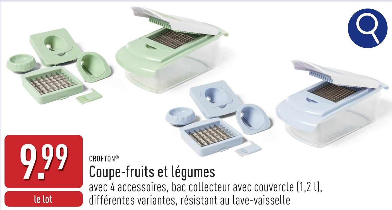 Coupe-fruits et légumes avec 4 accessoires (hachoir fin, hachoir moyen, hachoir pour julienne de légumes et lame en forme de spirale), bac collecteur avec couvercle (1,2 l), choix entre différentes variantes, résistant au lave-vaisselle