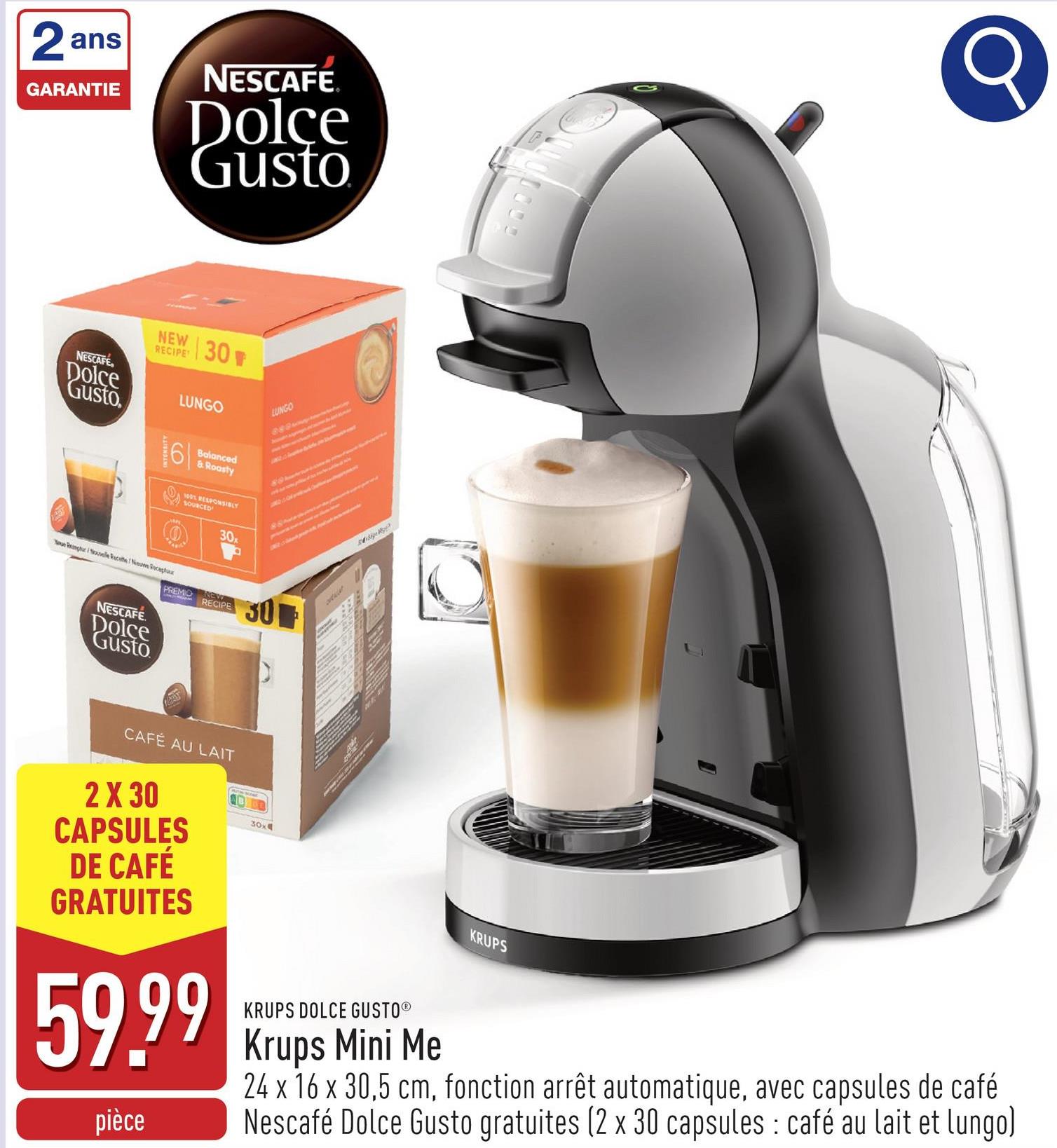 Krups Mini Me 24 x 16 x 30,5 cmsystème haute pression de 15 barsfonction arrêt automatiqueavec capsules de café Nescafé Dolce Gusto gratuites (2 x 30 capsules : café au lait et lungo)