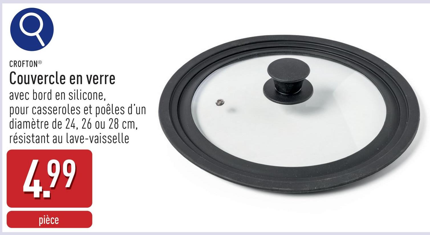 Couvercle en verre avec bord en silicone, couvercle universel pour casseroles et poêles d'un diamètre de 24, 26 ou 28 cm, avec trou vapeur, résistant au lave-vaisselle