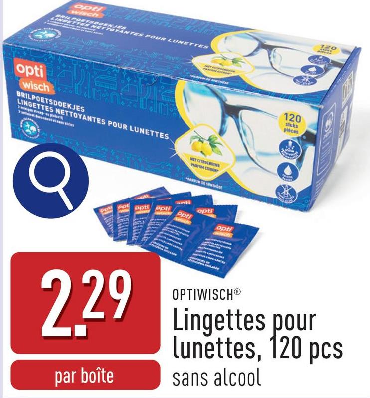 Lingettes pour lunettes, 120 pcs sans alcool, emballées individuellement