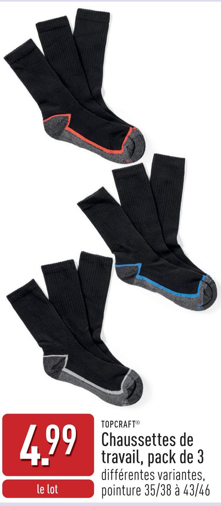 Chaussettes de travail, pack de 3 coton/polyamide/polyester/élasthanne (Lycra®), choix entre différentes variantes, choix entre pointure 35/38 à 43/46, certifiées OEKO-TEX®