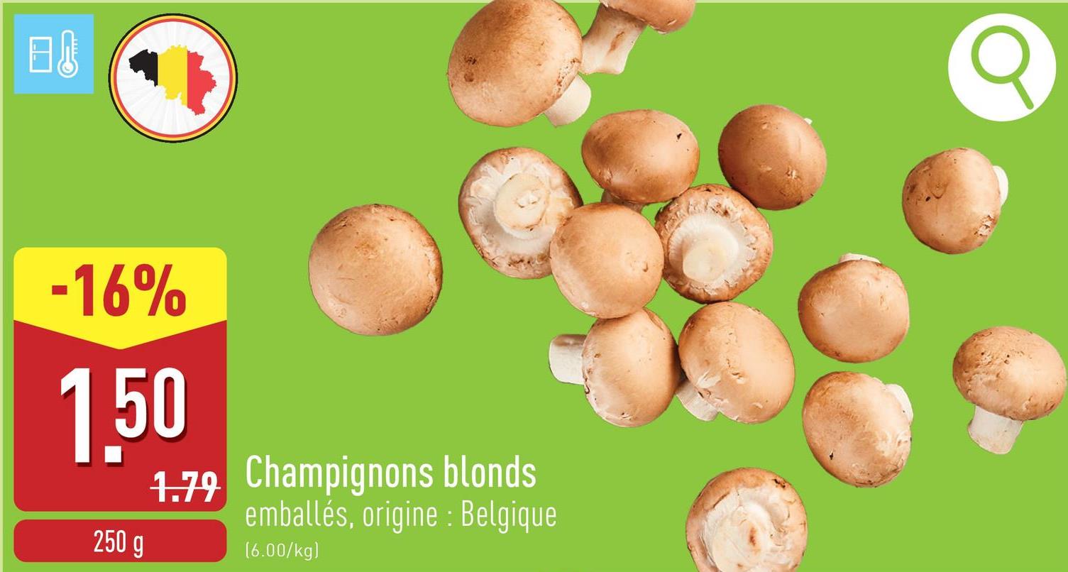 Champignons blonds emballés, origine : Belgique