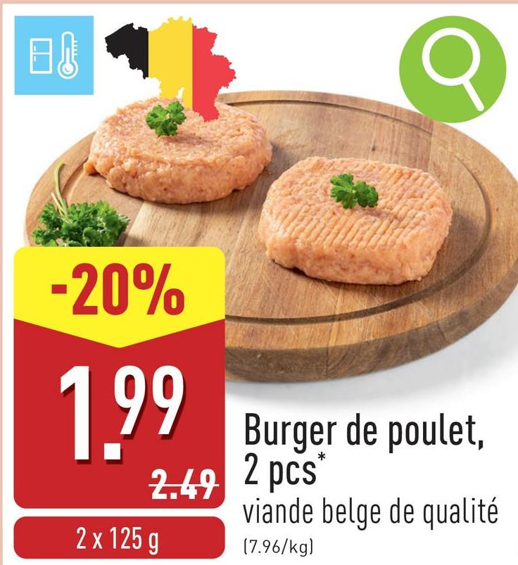 Burger de poulet, 2 pcs hamburger de poulet juteux, convient à la préparation à la poêle ou au barbecue, viande belge de qualité